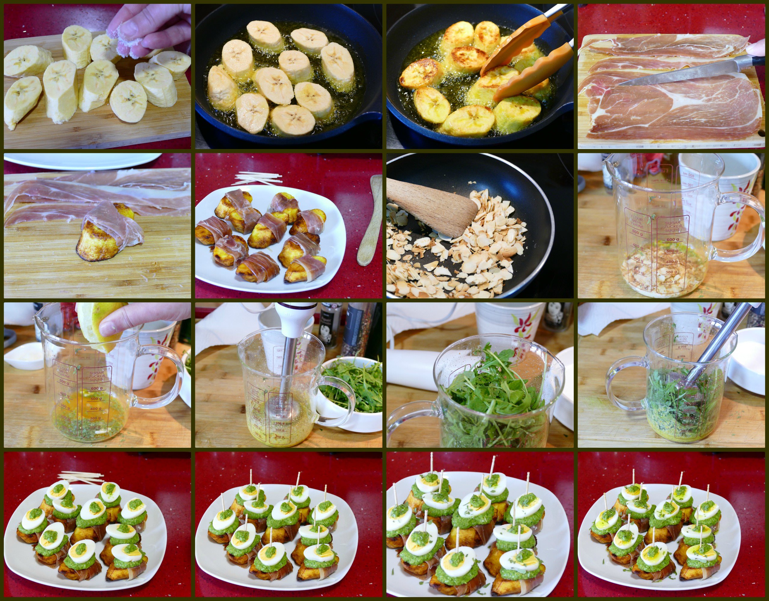 Pasos Montaditos de Plátano Macho con Pesto de Rúcula y Jamón Serrano