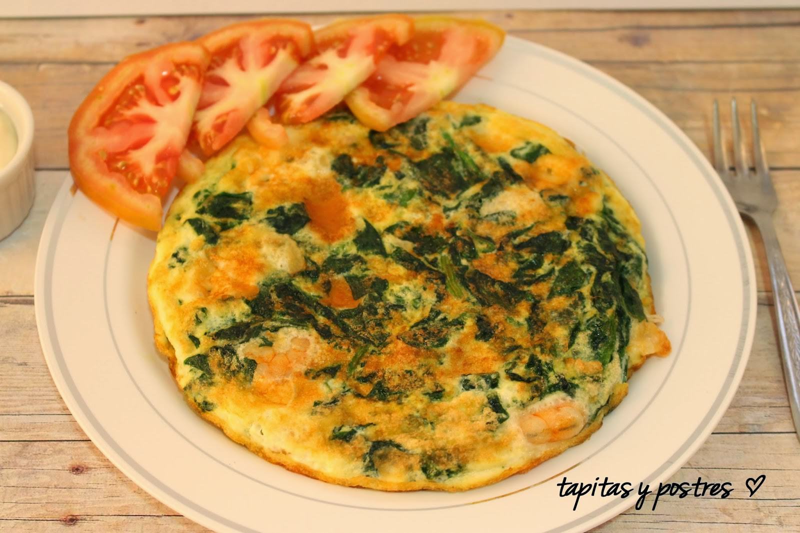Tortilla de Espinacas, Queso y Gambas Tortilla de Espinacas, Queso y Gambas