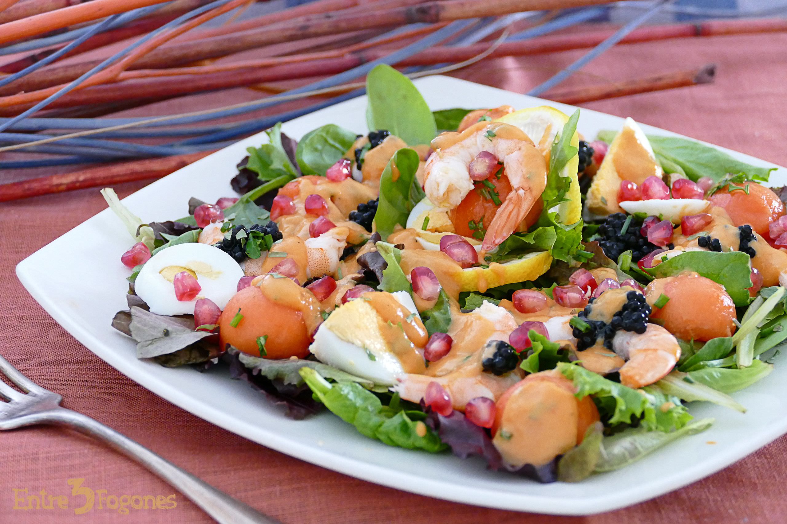 Ensalada de Langostinos con Vinagreta de Papaya
