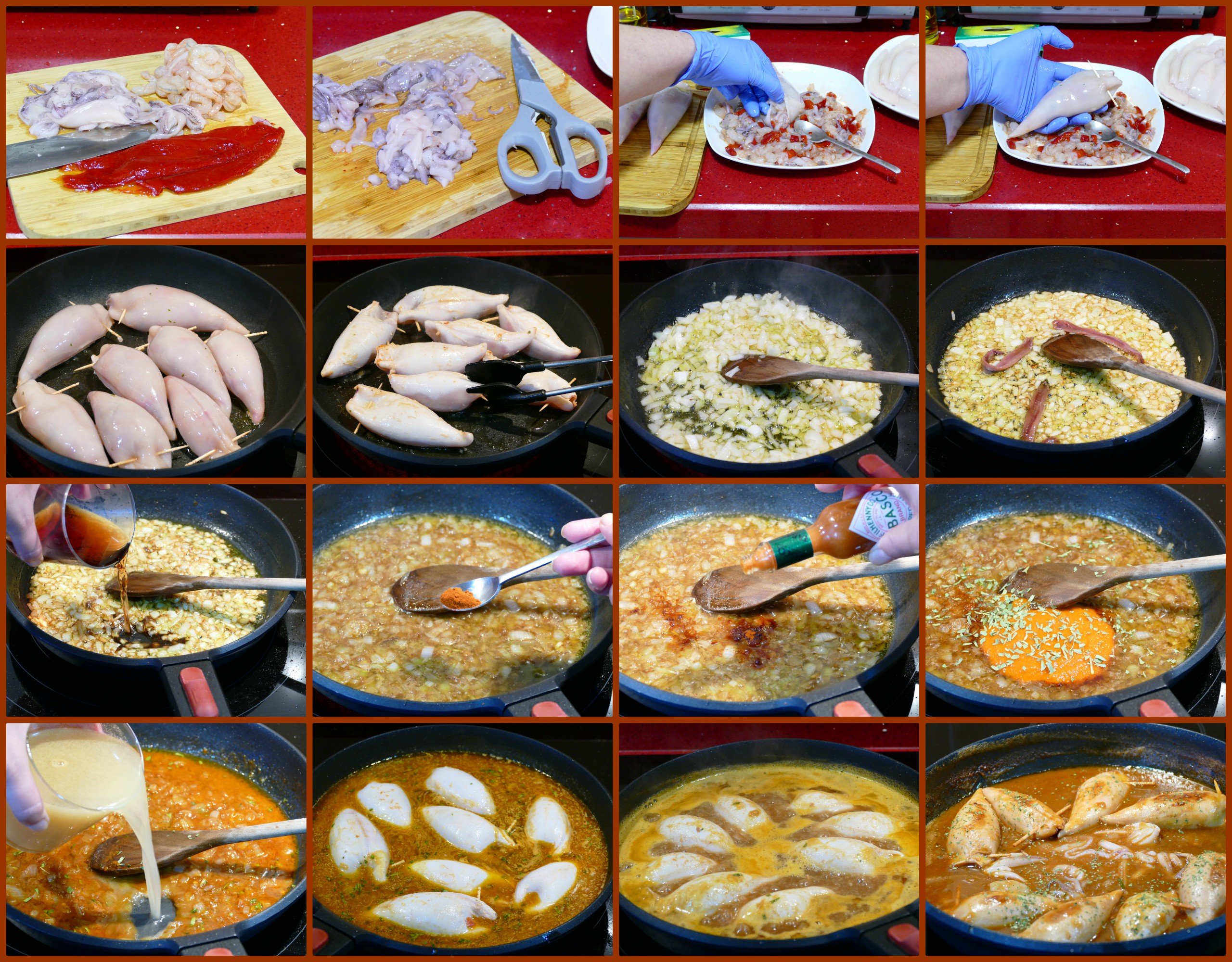 Pasos Calamares Rellenos de Gambas en Salsa Roja