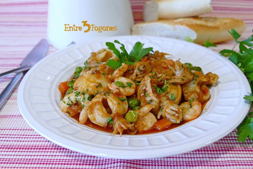 Receta Sepia con Gambas y Verduras