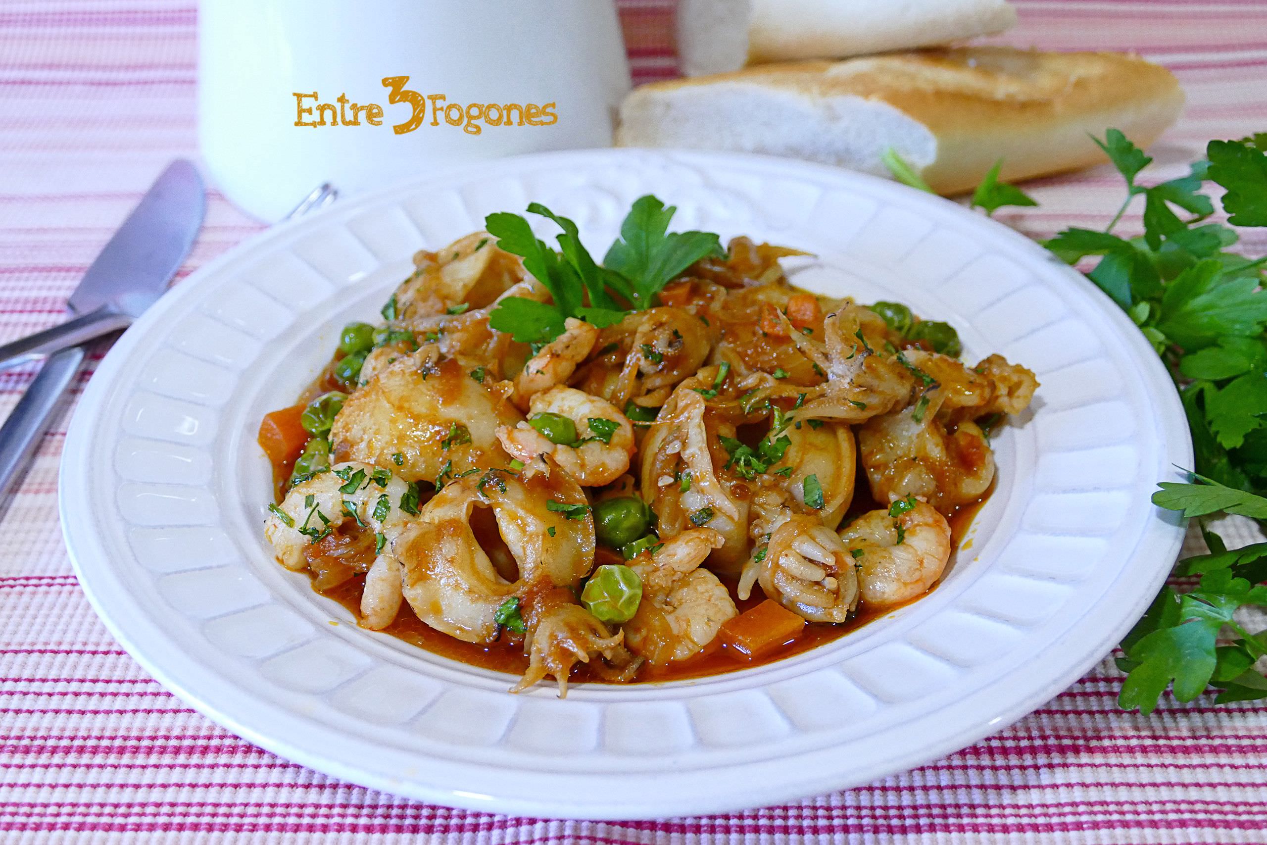 Sepia con Gambas y Verduras