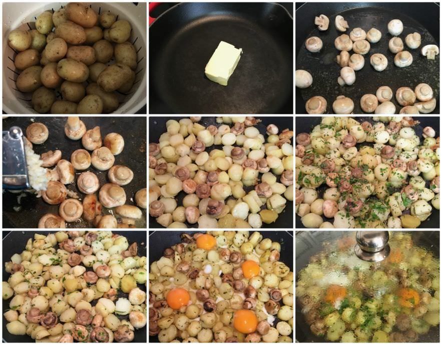 Pasos Huevos Estrellados con Patatas y Champiñones