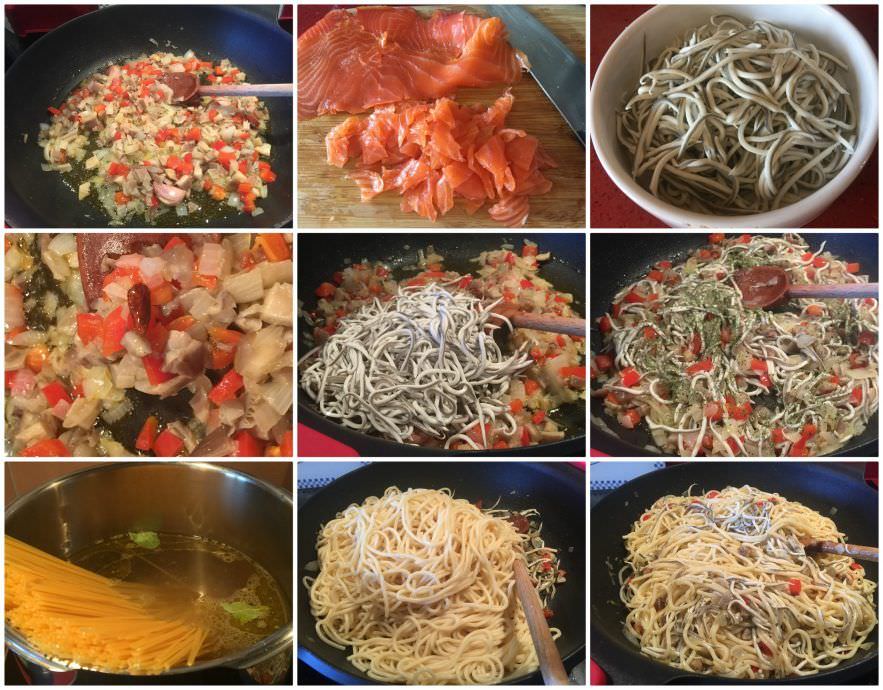 Pasos Espaguetis con Gulas y Salmón