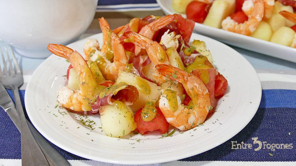 Receta Ensalada de Melón con Jamón y Langostinos