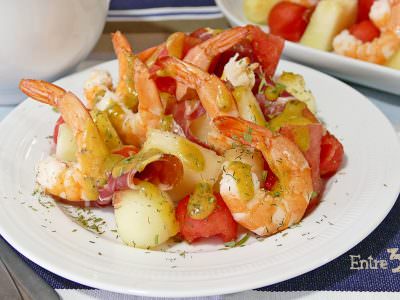 Receta Ensalada de Melón con Jamón y Langostinos