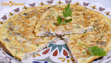 Tortilla de Berenjena y Atún con Gambas
