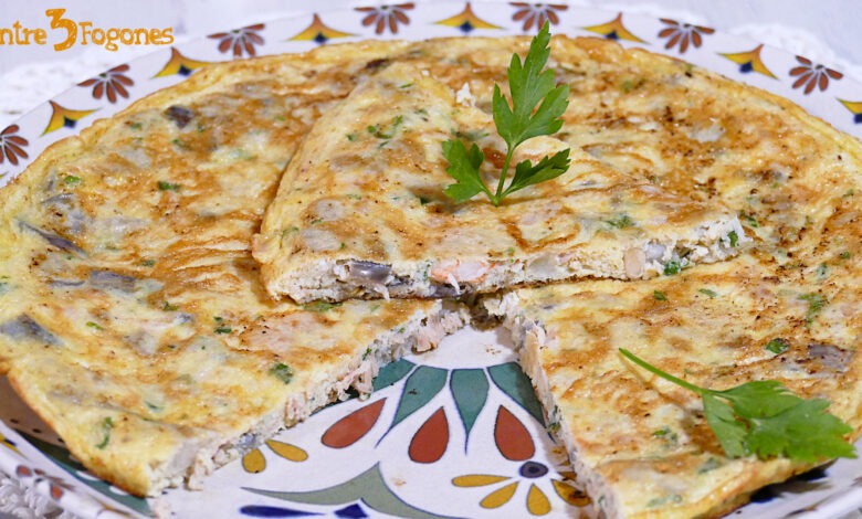 Tortilla de Berenjena y Atún con Gambas