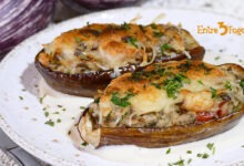 Berenjenas Rellenas de Verdura y Setas con Gambas y Bechamel