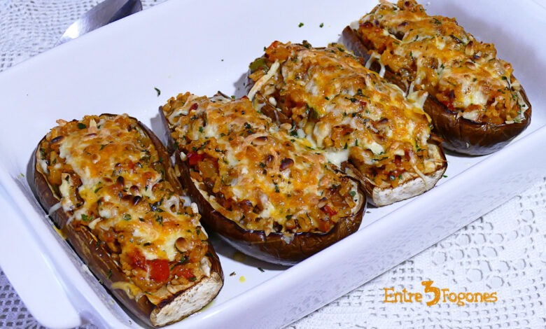 Berenjenas Rellenas de Arroz con Verduras y Setas