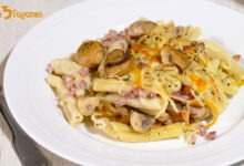 Pasta con Champiñones y Bechamel Gratinada con Queso
