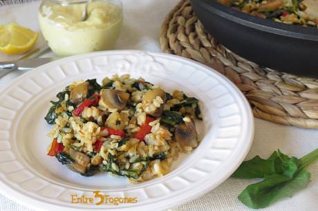 Arroz con Bacalao , Champiñones y Espinacas