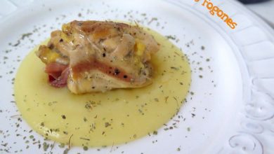 Jamoncitos de Pollo Rellenos de Serrano sobre Crema de Patata