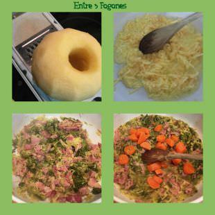 Pasos Macarrones con Lacon y Grelos en Salsa de Manzana