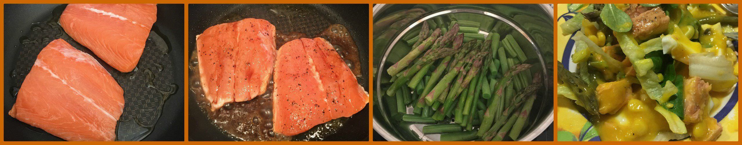 Pasos Ensalada de Salmón y Canónigos con Espárragos Verdes y Vinagreta de Mango