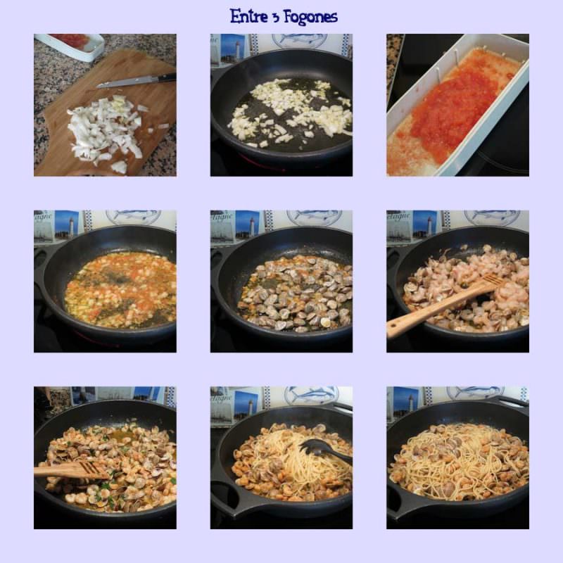 Pasos Espaguetis con Gambas y Almejas