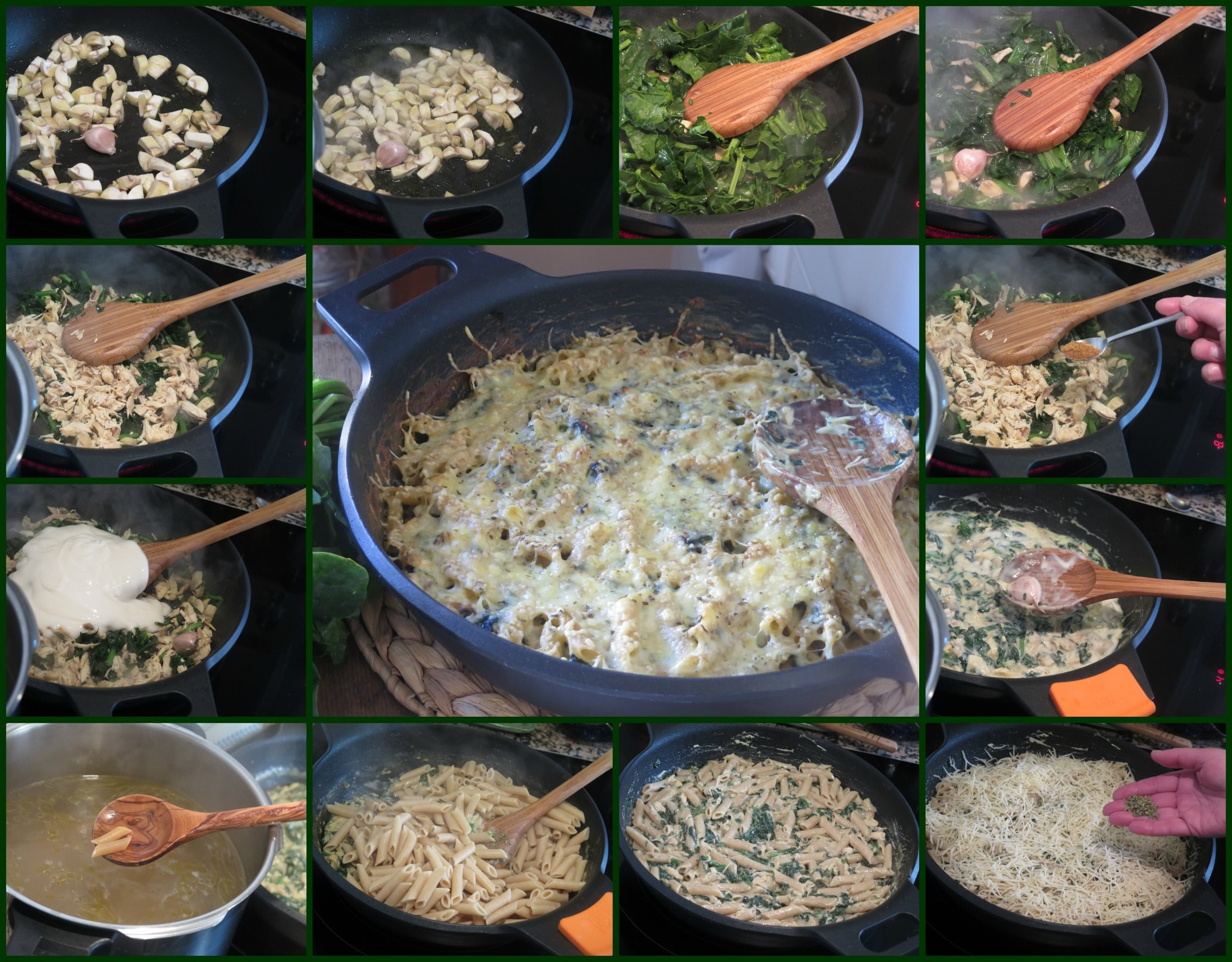 Pasos Macarrones Integrales con Espinacas y Champiñones