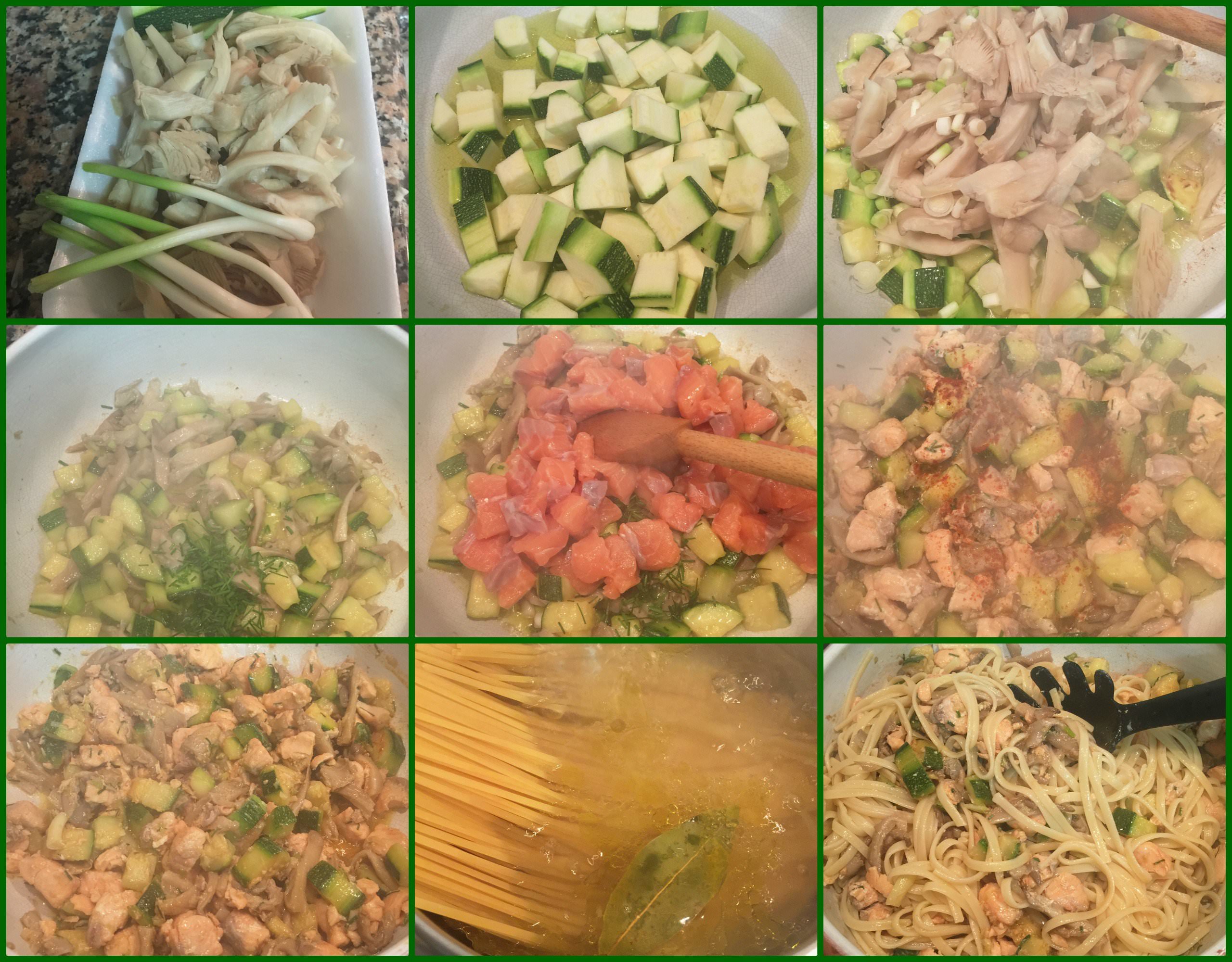 Pasos Tallarines con Setas, Salmón y Calabacín