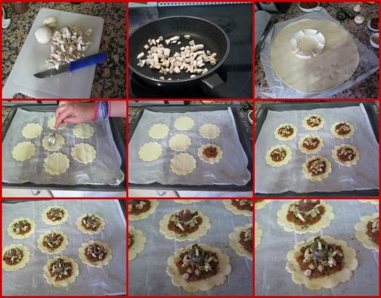 Pasos Tartaletas de Hojaldre Rellenos de Champiñones y Pesto Rojo