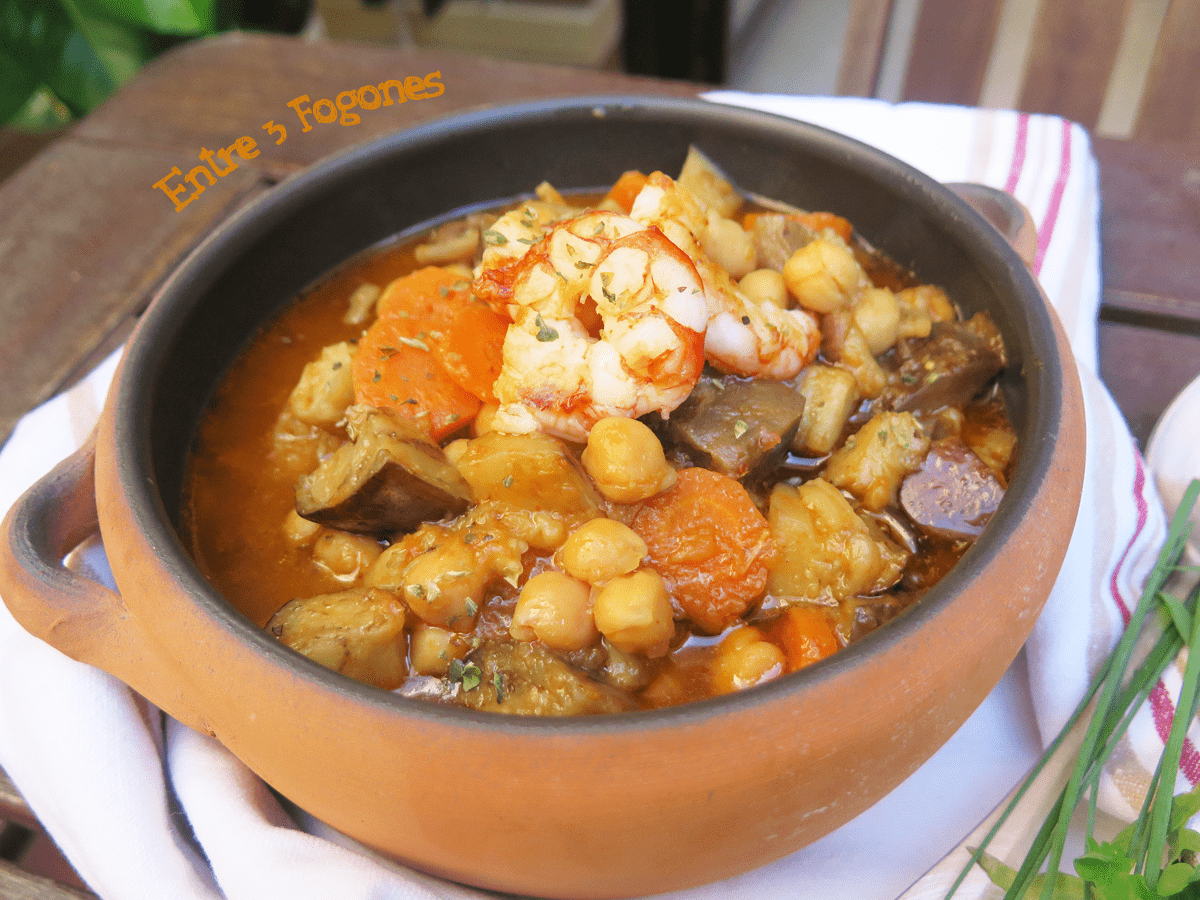 Potaje de Garbanzos con Berenjena y Gambones