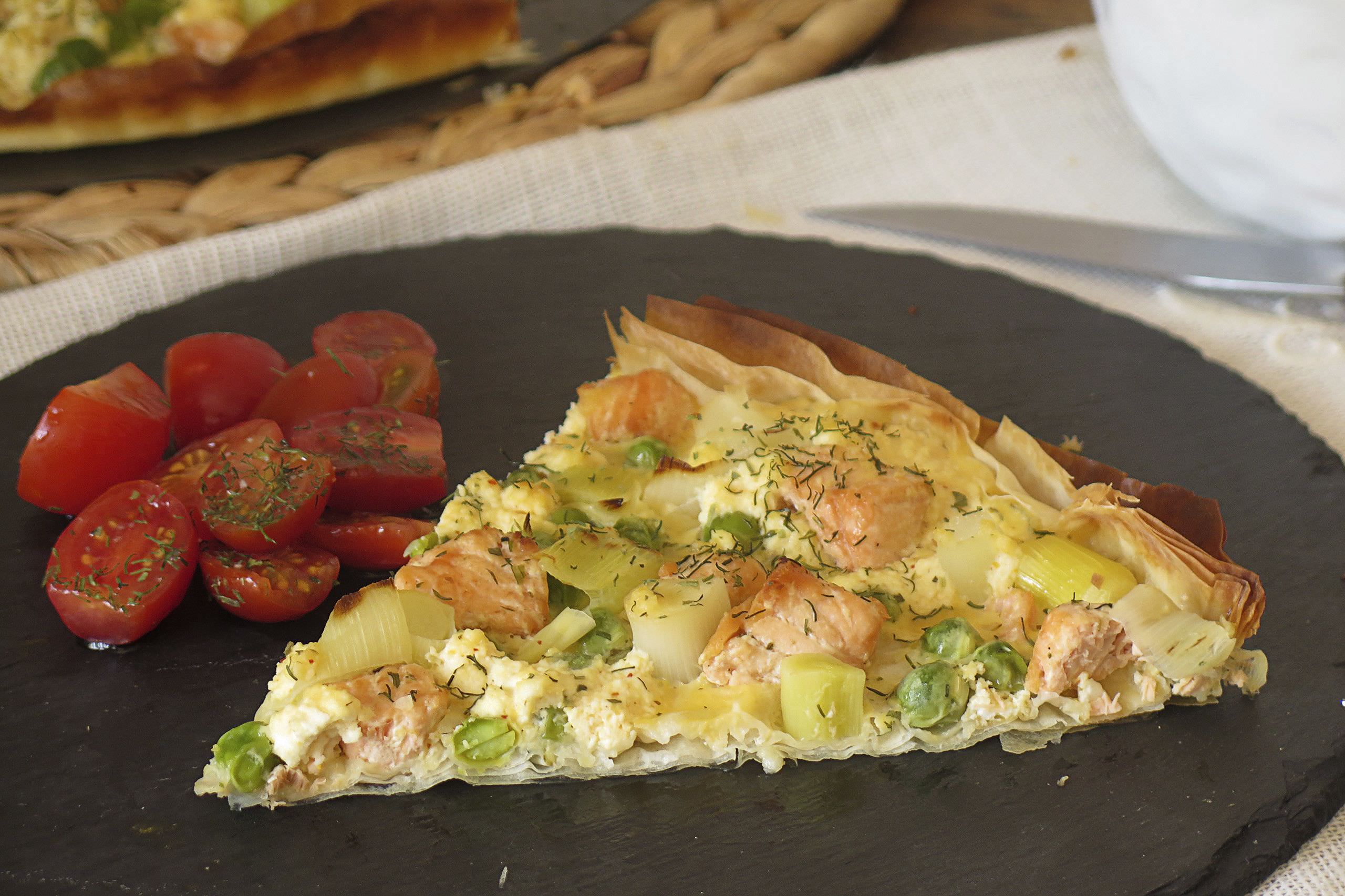 Receta Quiche de Salmón con Guisantes y Puerro en Masa Filo