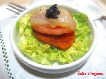 Receta Montadito de Bacalao Marinado sobre Patata Dulce
