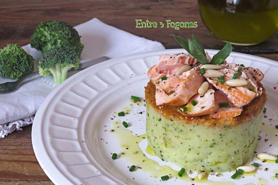 Receta Timbal de Patata y Brócoli con Salmón y Pesto de Tomate